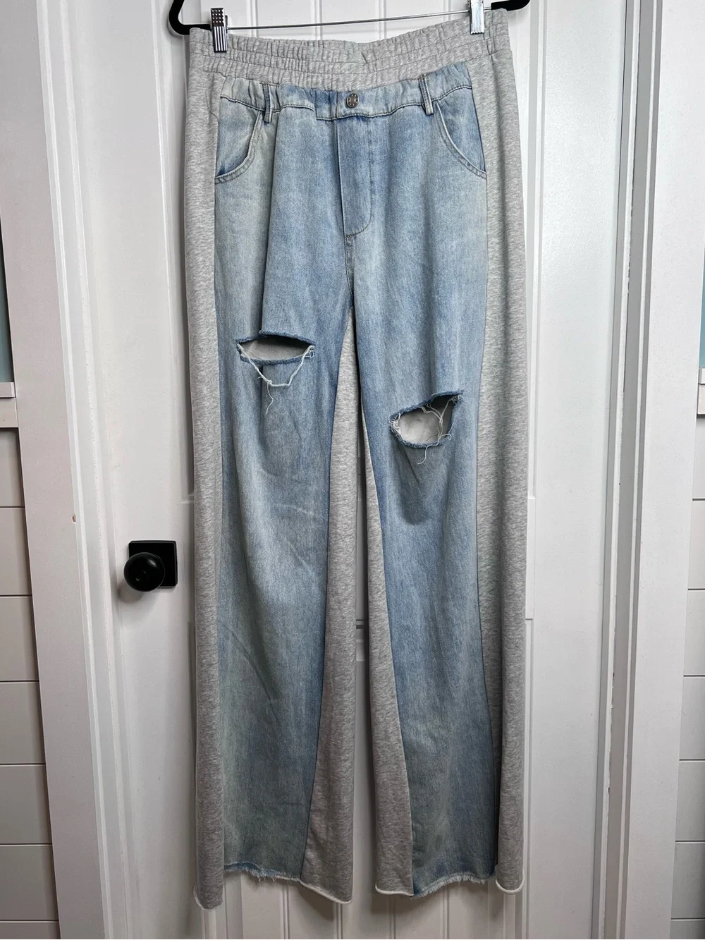 Fashion Nova Light Wash Denim Front Gray Sweat Shirt Side Panel Jeans. Large.‎